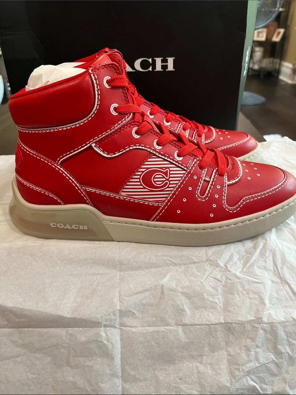 Men Coach Red Leather High-Top Sneakers with White Trim